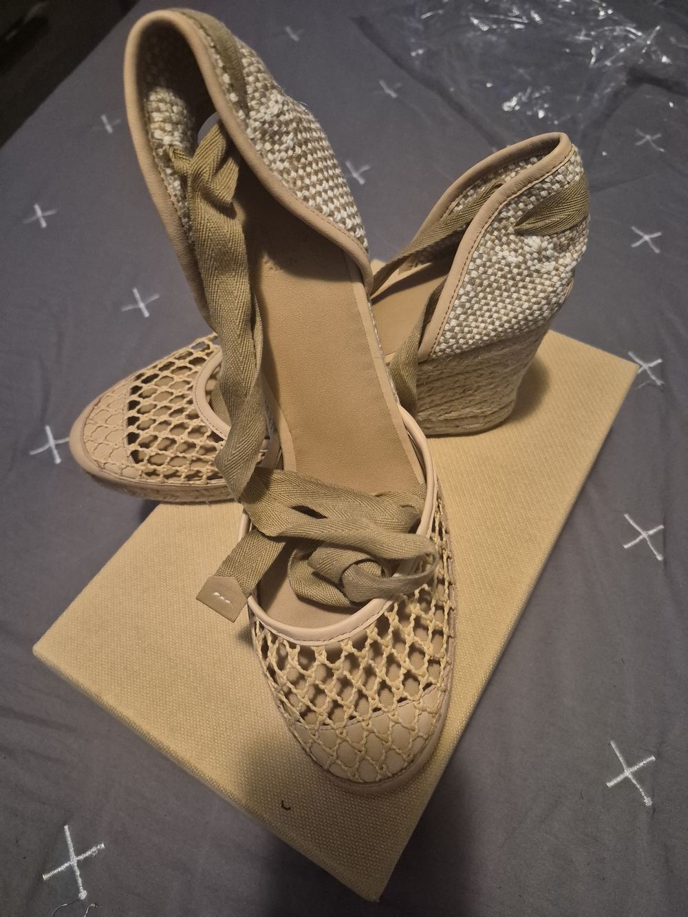 Castaner Beige Woven Espadrille Wedge Sandals with Tie-Up Straps